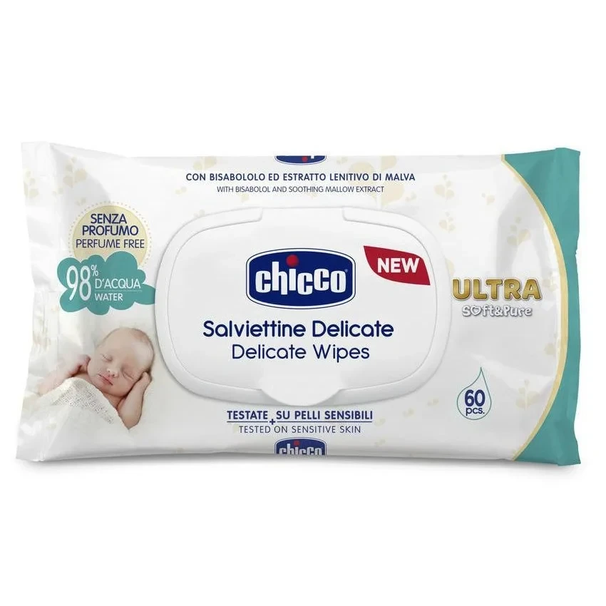 Детские влажные салфетки с клапаном ультра-мягкие CHICCO ULTRA SOFT & PURE DELICATE 60 шт.