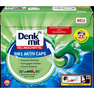 Капсулы для стирки Denkmit Vollwaschmittel 3in1 Aktiv Caps, 22 шт