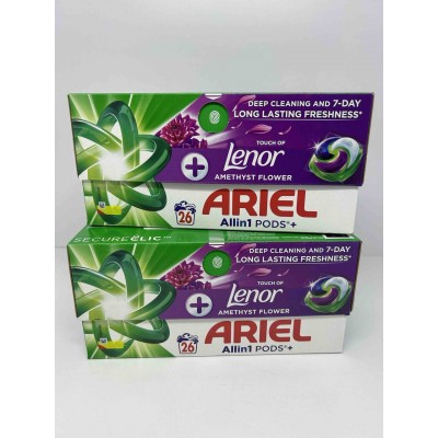 Капсулы для стирки Ariel Pods+ All-in-1 Touch of Lenor Amethyst Flower, универсальные, для белого и цветного белья, 26 шт.