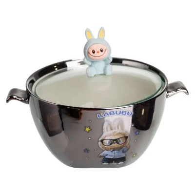 Бульонница фарфоровая Labubu с крышкой и ручками 800 (мл) Ø15 (см) Серебристый с голубым FM-34D