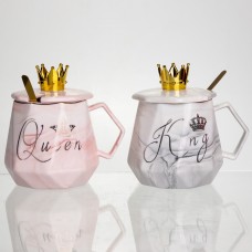 Набор парных фарфоровых чашек Queen&King 2 (шт) по 400 (мл) чашки на подарок с крышкой и ложкой FM-30