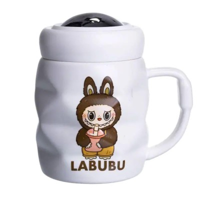 Чашка фарфоровая с крышкой Labubu 400 (мл) подарочная кружка прикольная чашка для детей на подарок Белый с темно-коричневым FM-54C