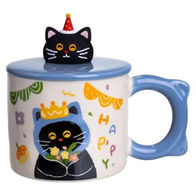 Чашка фарфоровая с крышкой Kitten's Birthday 400 (мл) подарочная кружка прикольная чашка для детей на подарок Синий FM-24A