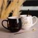 Набор парных фарфоровых чашек Mr&Mis 2 (шт) по 350 (мл) чашки на подарок с ложкой Черный с белым FM-29