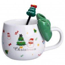 Новогодняя фарфоровая чашка с ложкой Merry Christmas 400 (мл) Зеленый FM-CS-19B FM-CS-19B