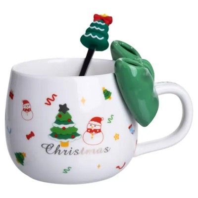 Новогодняя фарфоровая чашка с ложкой Merry Christmas 400 (мл) Зеленый FM-CS-19B FM-CS-19B