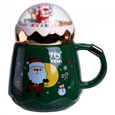 Чашка фарфоровая с крышкой Christmas 400 (мл) Зеленый Yiwu FM-CS-41A