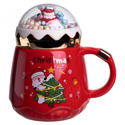 Чашка фарфоровая с крышкой Christmas 400 (мл) Красный Yiwu FM-CS-41D