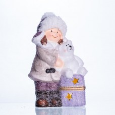 Новогодняя фигурка с подсветкой Девочка с медвежонком из фарфора 12×7×20 (см) новогодний декор для дома, квартиры на подарок