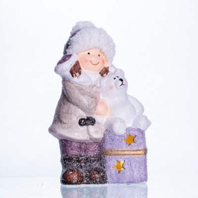 Новогодняя фигурка с подсветкой Девочка с медвежонком из фарфора 12×7×20 (см) новогодний декор для дома, квартиры на подарок
