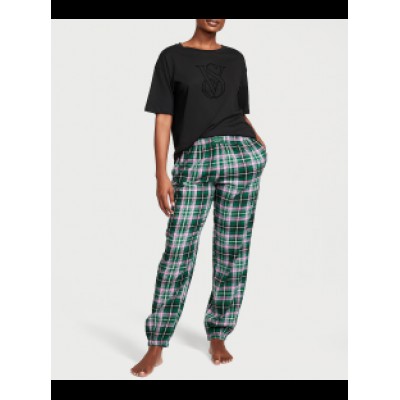 ПИЖАМА женск. FLANNEL JOGGER TEE-JAMA SET GREEN/PINK POP PLAID  size: S