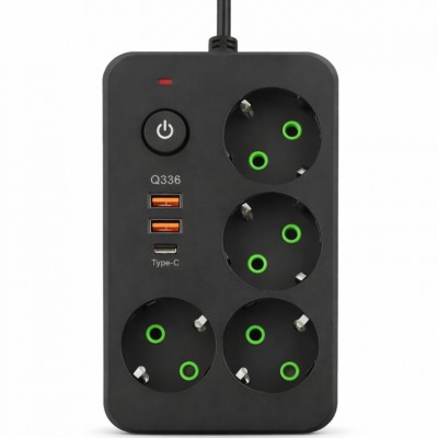 Сетевой фильтр-удлинитель 4 розетки 2xUSB-A 1xUSB-C 3м черный HP-5-46