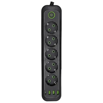 Сетевой фильтр-удлинитель 5 розеток 3xUSB-A 1xUSB-C 3м черный HP-5-42