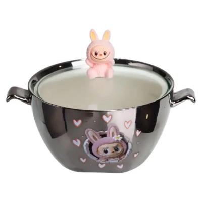 Бульонница фарфоровая Labubu с крышкой и ручками 800 (мл) Ø15 (см) детская тарелка для супа и лапши Серебристый с розовым FM-34C
