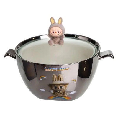 Бульонница фарфоровая Labubu с крышкой и ручками 800 (мл) Ø15 (см) детская тарелка для супа и лапши Серебристый с коричневым