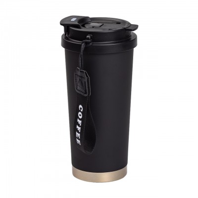 Термокружка Coffee из нержавеющей стали с ремешком 500 мл черная HP-14-17B